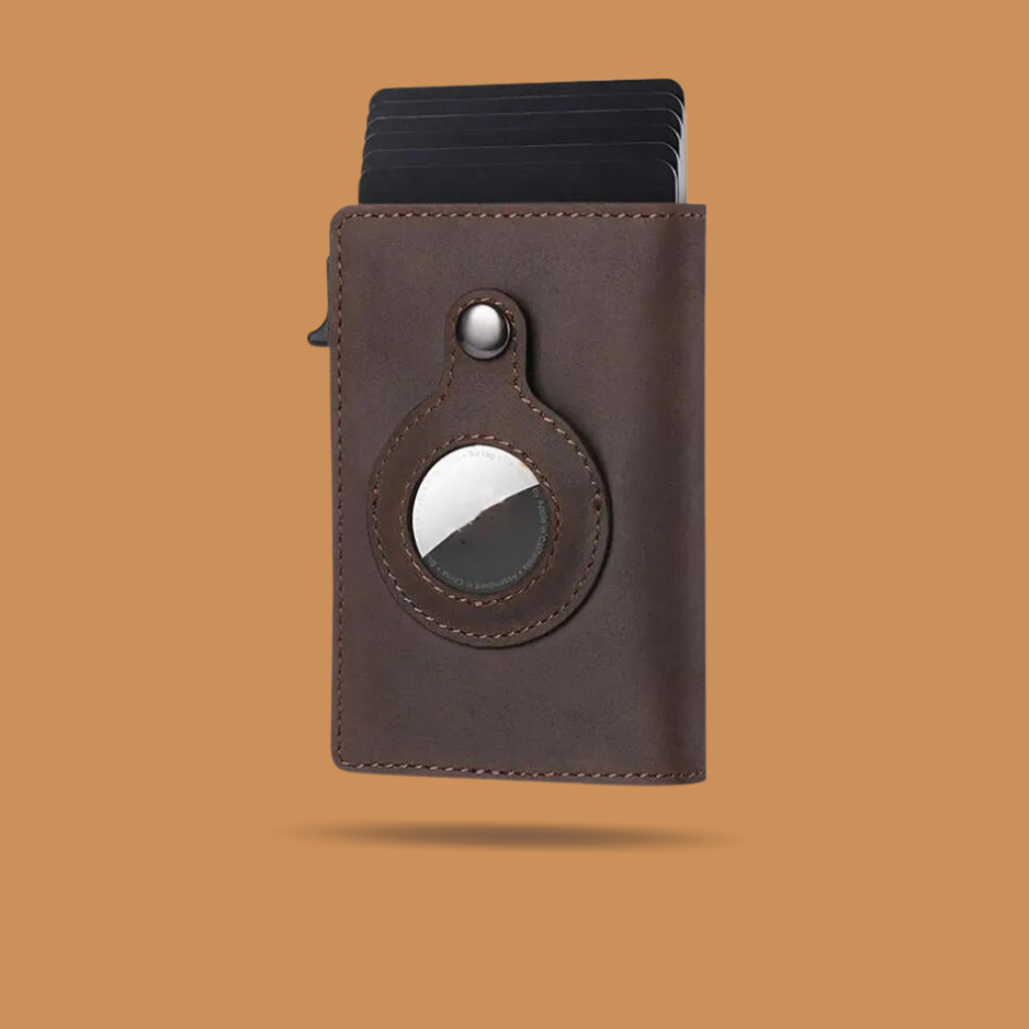 Leather Card Wallet with Air tag Dark Brown