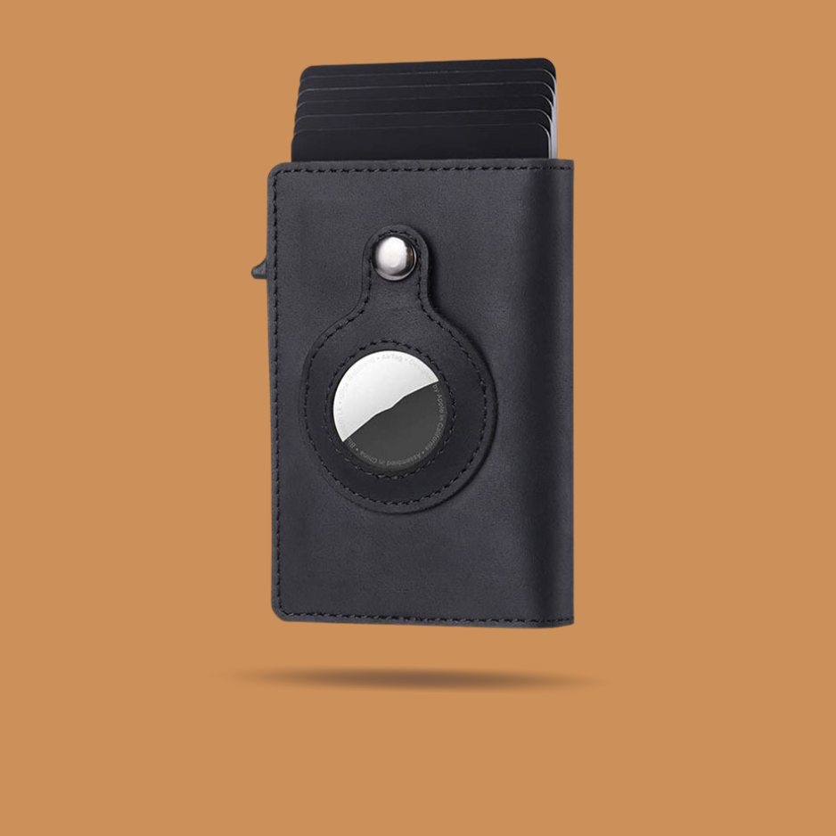 Leather Card Wallet with Air tag Black