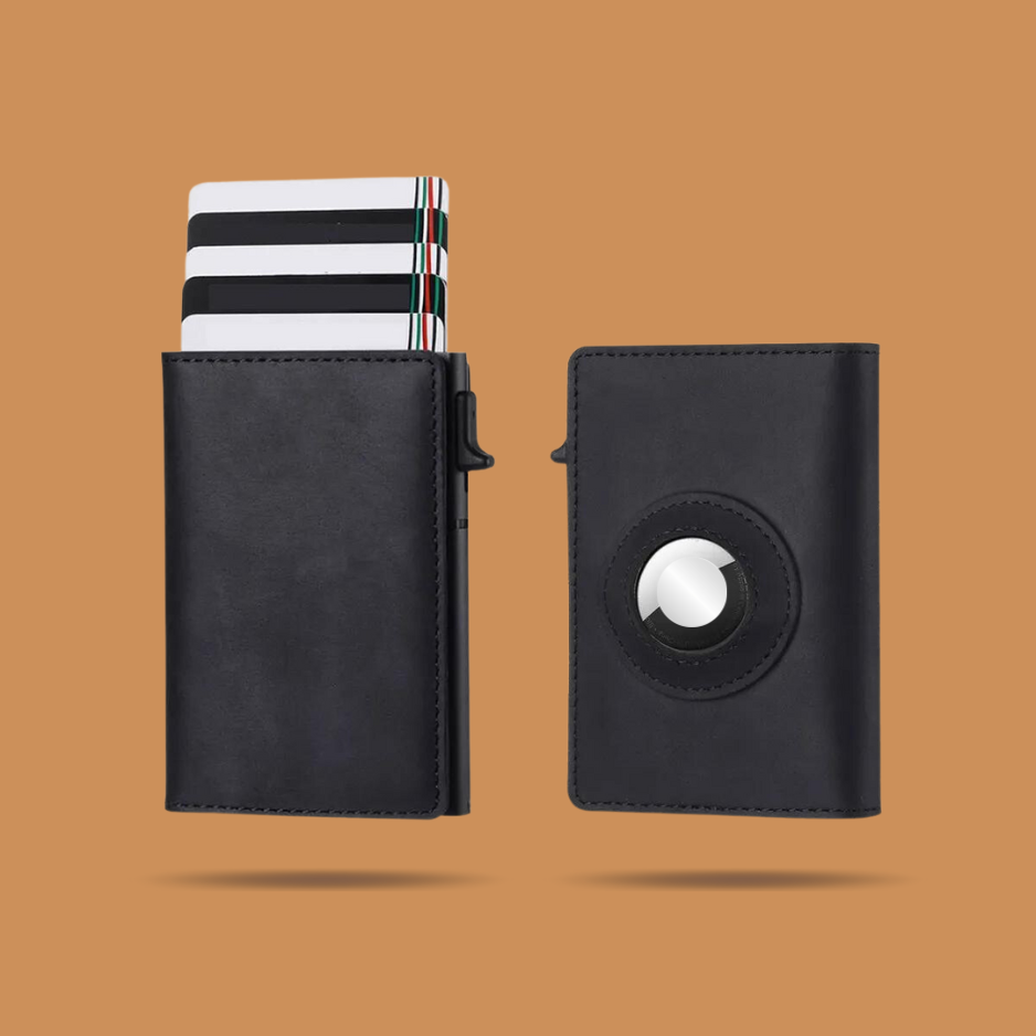 Leather Card Wallet with Air tag Black